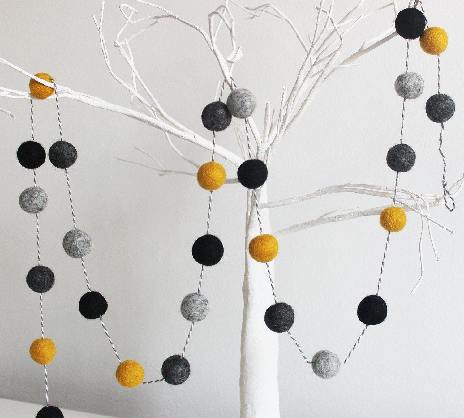 Grey Yellow Sphere Logo - Mustard yellow-black and grey pom-pom garland, Boys bedroom decor ...