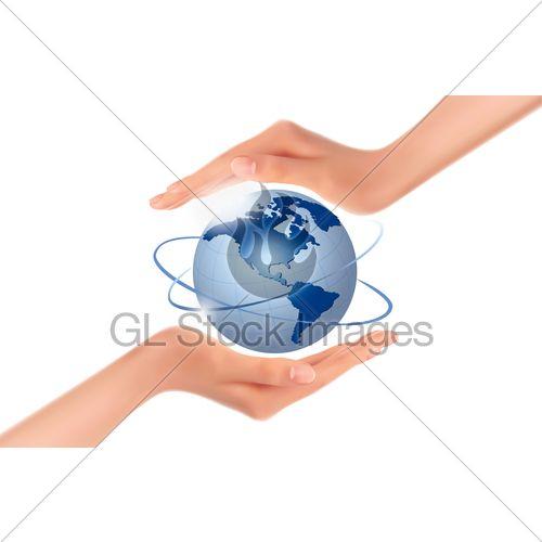 2 Hands -On Sphere Logo - Two Hands With Blue Globe · GL Stock Image