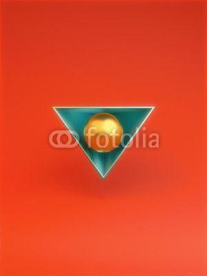 Ball and Blue Triangle Logo - Geometric blue triangle and gold ball on red background. Creative