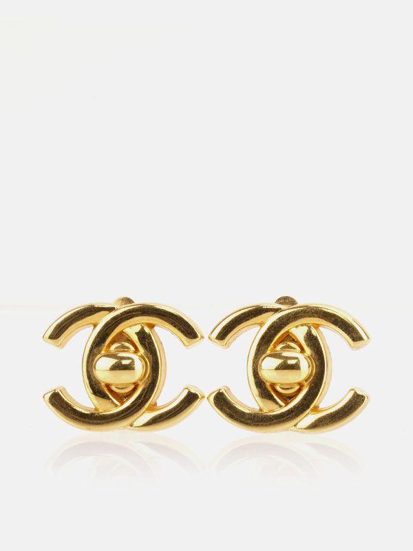 Chanel Vintage Logo - CHANEL Vintage Gold Plated Twist Lock CC Logo Clip On Earrings