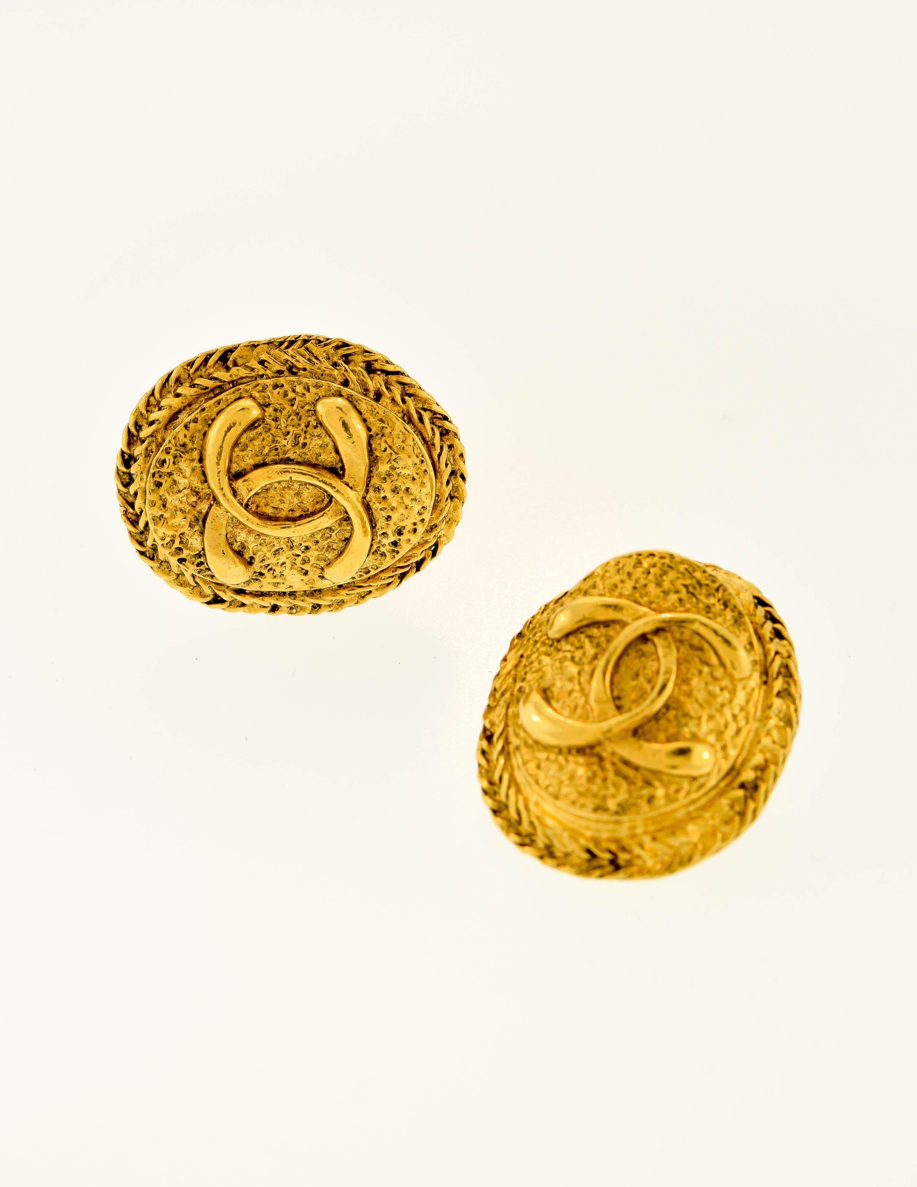 Chanel Vintage Logo - Chanel Vintage Gold Textured CC Logo Oval Framed Earrings
