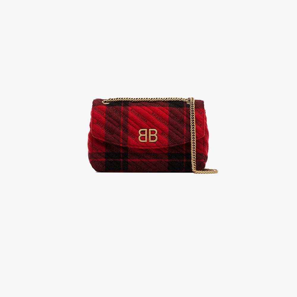 Red Bb Logo - Balenciaga red BB Round logo embroidered tartan wool bag | Browns
