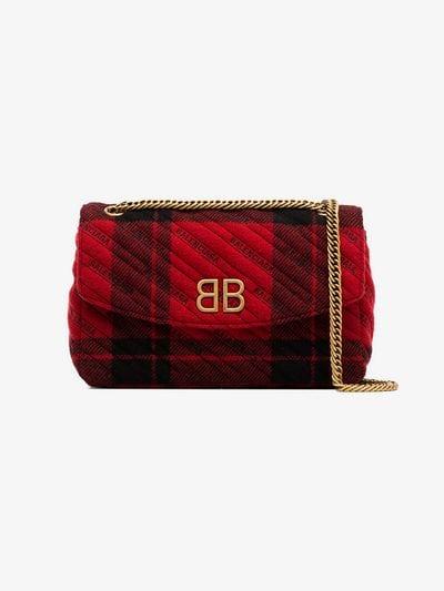 Red Bb Logo - Balenciaga red BB Round logo embroidered tartan wool bag