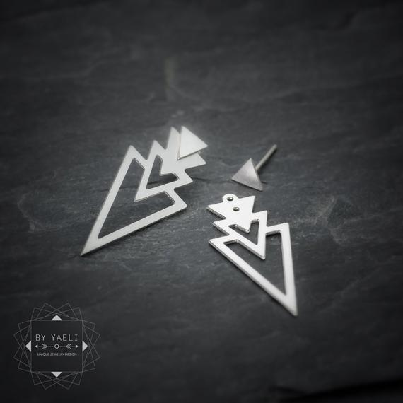 Silver Triangle Logo - Triangle ear jacket geometric silver triangle stud earrings