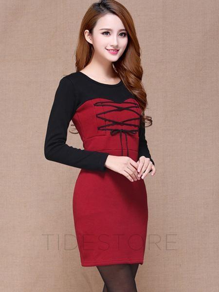 Gray and Red Clothing Logo - Womens Dark Gray Red Dresses Color Block Long Sleeve Short Day