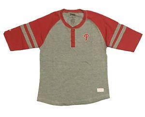 Small Phillies Logo - NEW Philadelphia Phillies MLB Baseball Gray Red Logo Henley T Shirt
