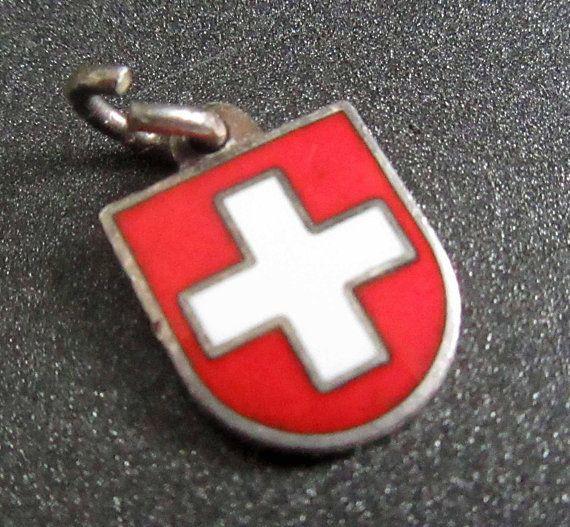 Red Shield with White Cross Logo - Switzerland Flag Charm, Enamel Shield Charm, Suisse Souvenir, Red