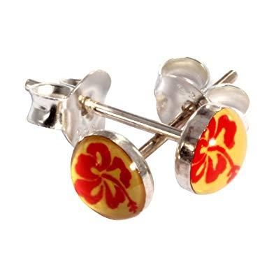 Red and Yellow Flower Logo - Jewel Red Yellow Flower Logo 925 Silver Earrings Ear Pair Studs