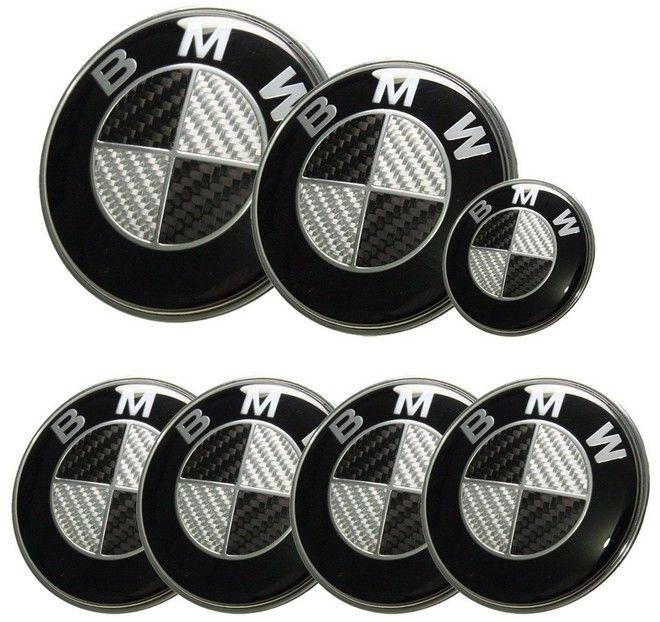 New BMW Logo - 7pcs/lot New BMW Black/Silver Real Carbon Fiber Emblem Logo Badge ...