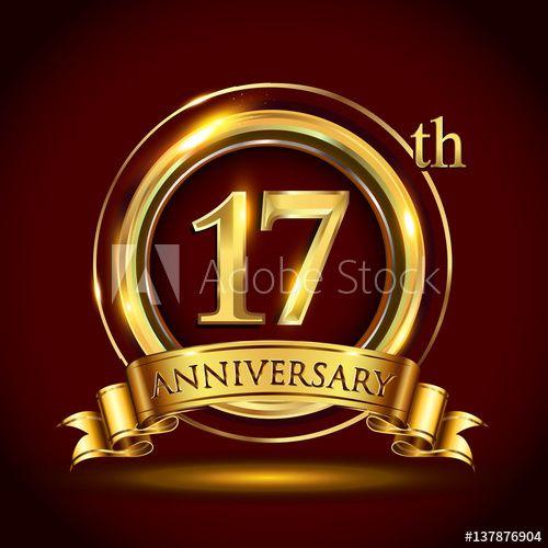 Gold Vector Logo - 17th golden anniversary logo with gold ring and golden ribbon