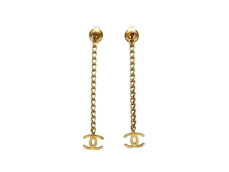 Small Chanel Logo - Vintage Chanel stud earrings small CC logo chain dangle | Vintage Five