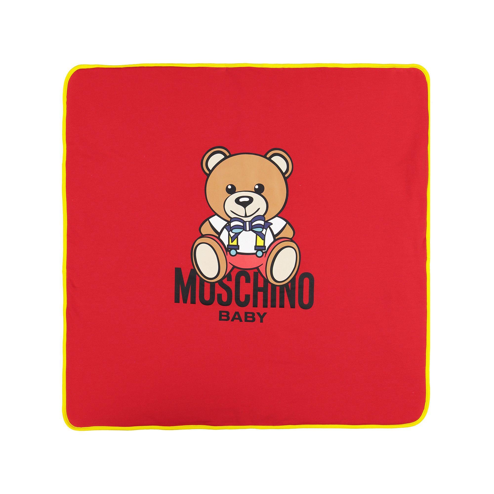 Red and Bear w Logo - Moschino Red Teddy Bear Blanket With Yellow Trim and Logo for Boy Girls