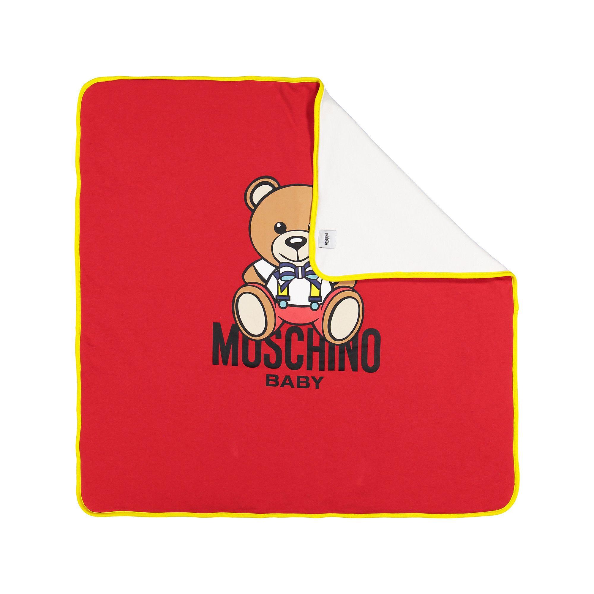 Red and Bear w Logo - Moschino Red Teddy Bear Blanket With Yellow Trim and Logo for Boy+Girls