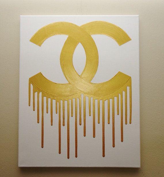 Drip Gold and White Logo - Chanel Drip Painting (16x20) CC Inspired, White and Gold Art ...