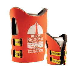 Orange and Red Company Logo - Customized promotional Scuba foam life vest koozies. Printed with ...