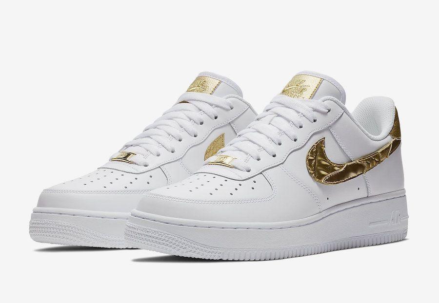 Drip Gold and White Logo - Comfortable Nike Air Force 1 Low CR7 White and Gold LOGO Women Shoes