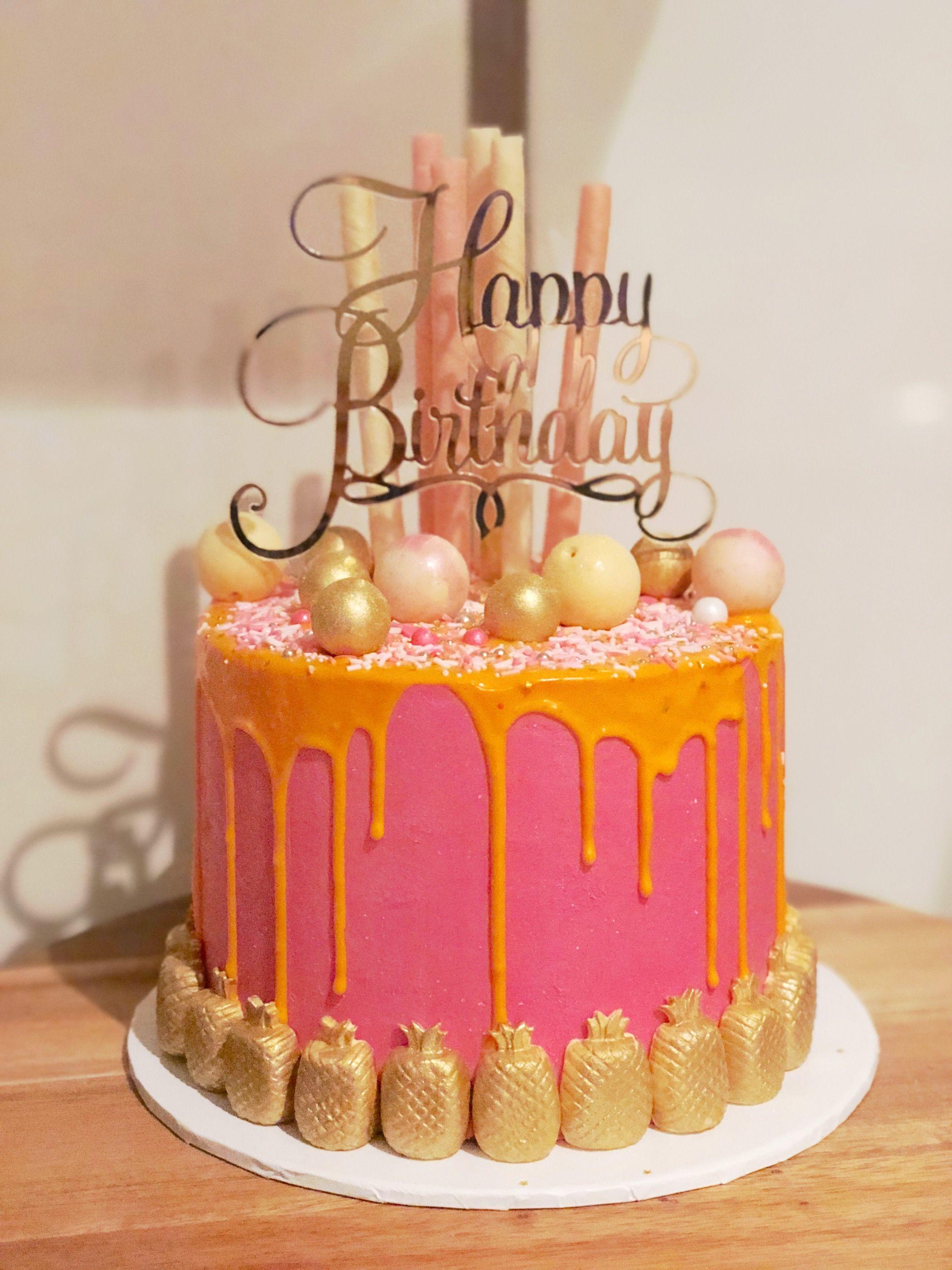 Drip Gold and White Logo - Tropical themed drip cake covered in pink white chocolate ganache ...