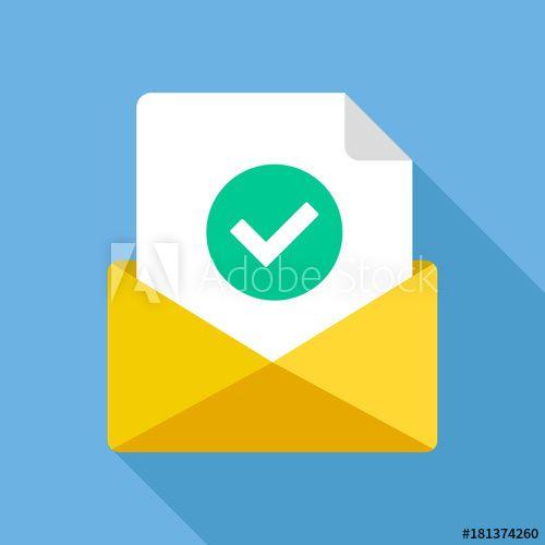 Modern Check Mark Logo - Envelope with document and round green check mark icon. Successful e ...