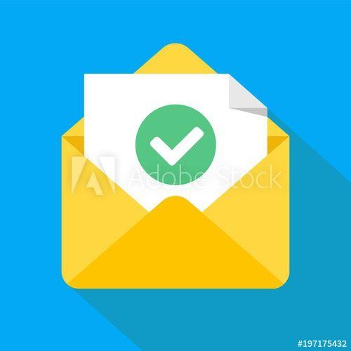 Modern Check Mark Logo - Envelope with document and round green check mark icon. Successful e