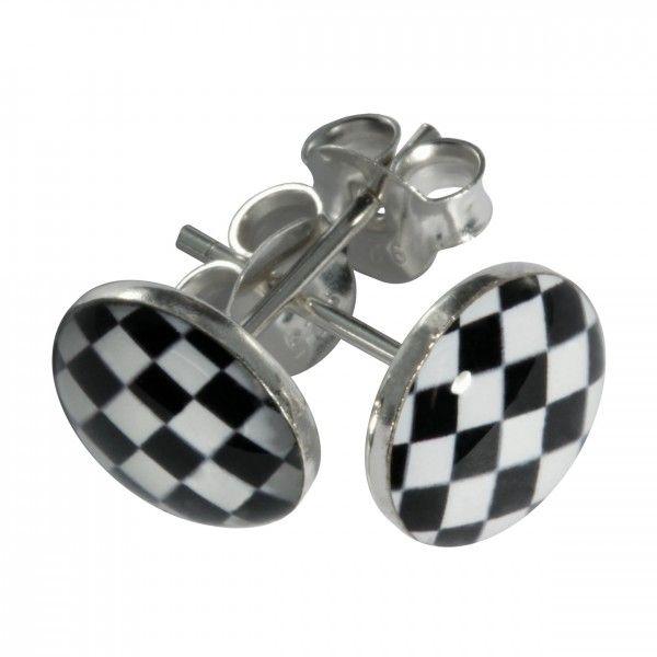Black and White Checkerboard Logo - Black White Checkerboard Logo 925 Sterling Silver Earrings Ear Pair