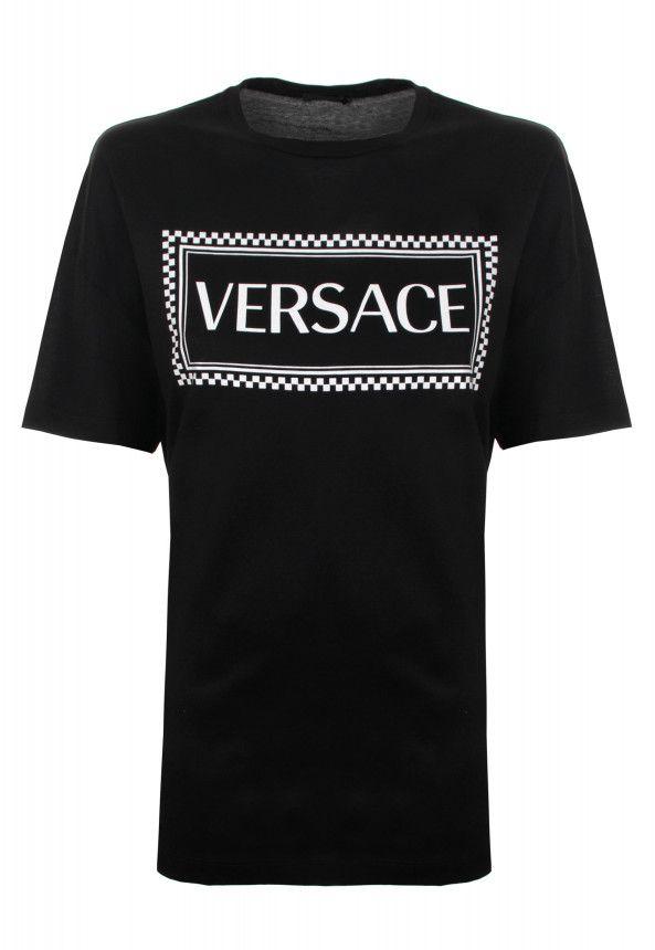 Black and White Checkerboard Logo - Versace Checkerboard Logo T-Shirt | Black | Garment Quarter