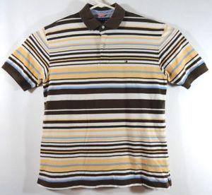 Brown and White Box Logo - Tommy Hilfiger Polo Mens Size L White Brown Stripe Shirt Cotton
