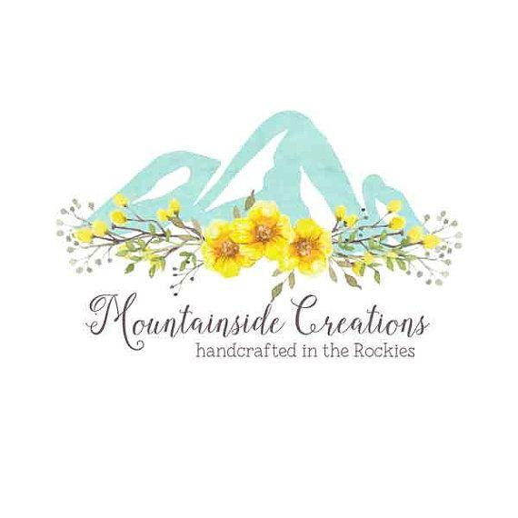 Yellow Floral Logo - Mountain and flowers premade watercolor logo logo