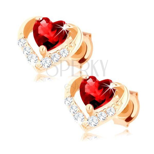 Red and Gold with Yellow Outline Logo - Earrings made of yellow 375 gold - zircon heart outline, red heart ...