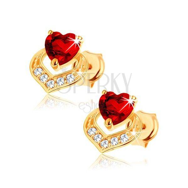 Red and Gold with Yellow Outline Logo - Earrings made of yellow 14K gold - heart-shaped red garnet ...