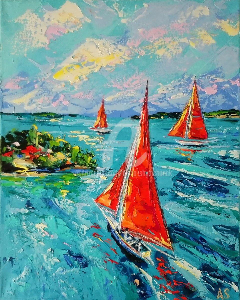 Red Sailing Ship Logo - RED SAILING SHIPS; ORIGINAL SEASCAPE OIL PAINTING Painting