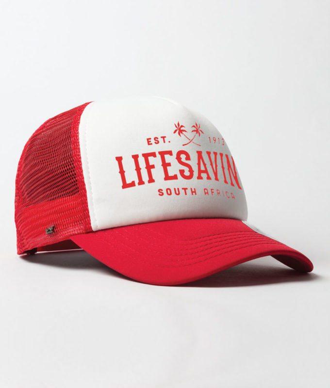 White with Red Curve Logo - Lifesaving SA - Beach Palm - Uflex Curve Trucker Cap - Red - White