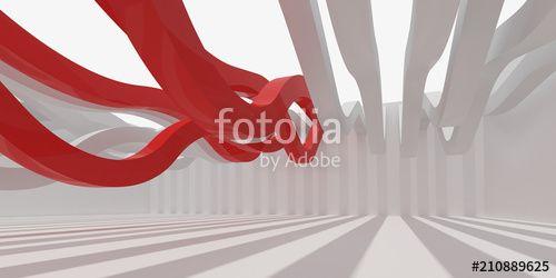 White with Red Curve Logo - 3D stimulate of white interior space and red curve line with sun ...