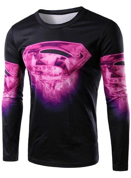 Magenta Superman Logo - 82% OFF ] 2019 Round Neck 3d Superman Logo Print Long Sleeve Men's T ...