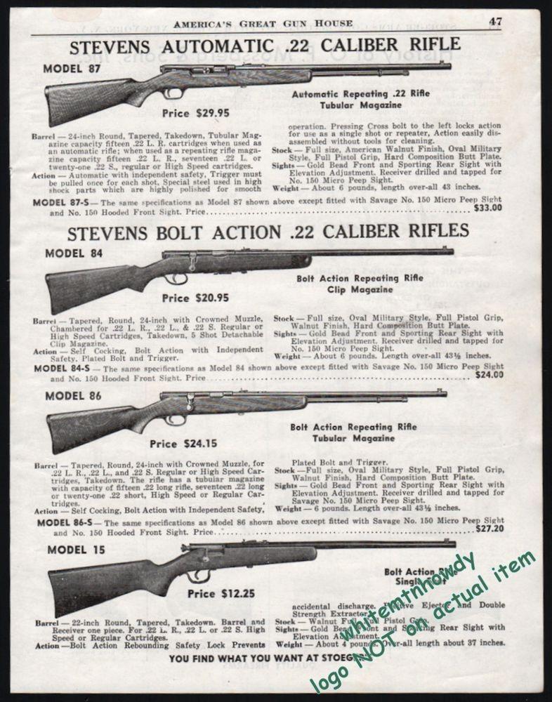 Stevens Gun Logo - 1951 STEVENS Model 87 Repeater, 84, 86 and 15 Bolt Action .22 Rifle ...