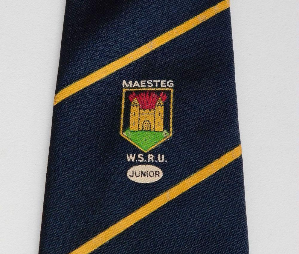 Blue Square with Yellow U Logo - Maesteg boy's WRSU tie Welsh School Rugby Union Junior South Wales