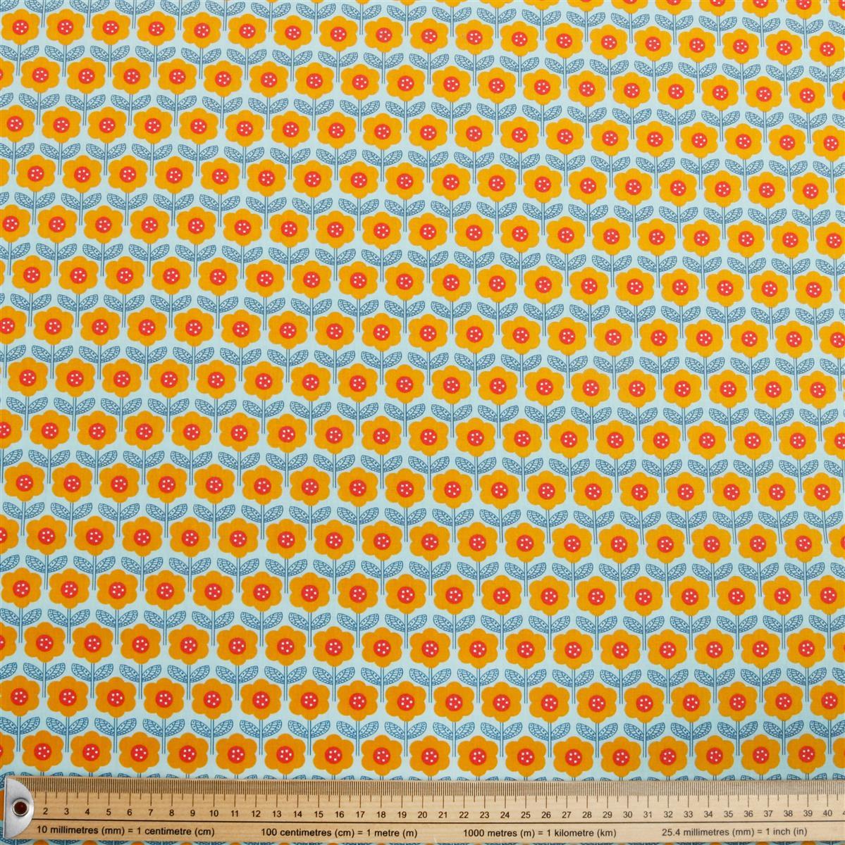 Blue Square with Yellow U Logo - Yellow Flowers Fabric on Blue Background. 0.5m. Was £3.99