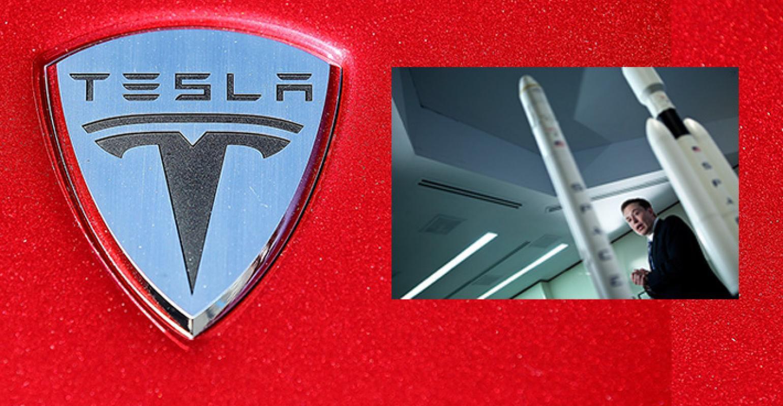 Car with T in Shield Logo - Musk Isn't Joking About Sending a Tesla to Mars