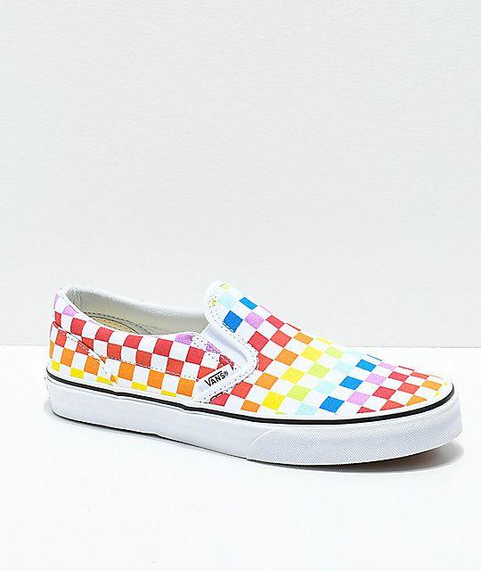 Checkerboard Vans Logo - Vans Slip-On Rainbow Checkerboard Skate Shoes | Zumiez