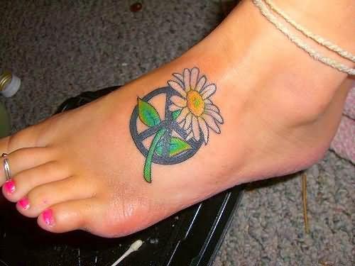 Hippie Flower Logo - Hippie Peace Logo With Flower Tattoo On Girl Foot