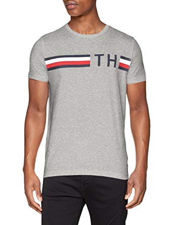 Tommy Hilfiger Th Logo - Tommy Hilfiger Men's Striped Logo Graphic Tee T-Shirt, Grey (Cloud ...