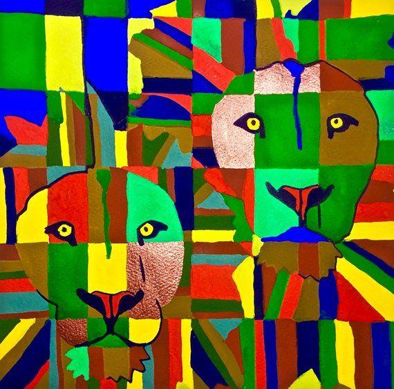 Multicolor Lion Logo - Multicolor Lion Gouache Painting Two Lions Gouache Painting | Etsy