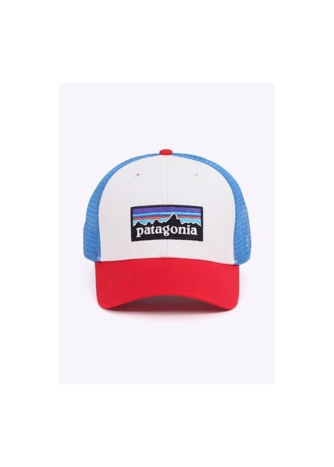 Red and White P Logo - Patagonia P-6 Logo Trucker Hat - White / Red - Headwear from Triads UK