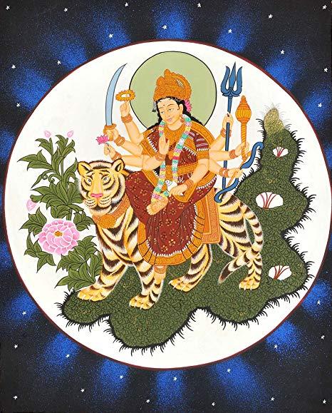 Multicolor Lion Logo - Exotic India Goddess Durga Riding on Lion, Multicolor, Size 21 inch