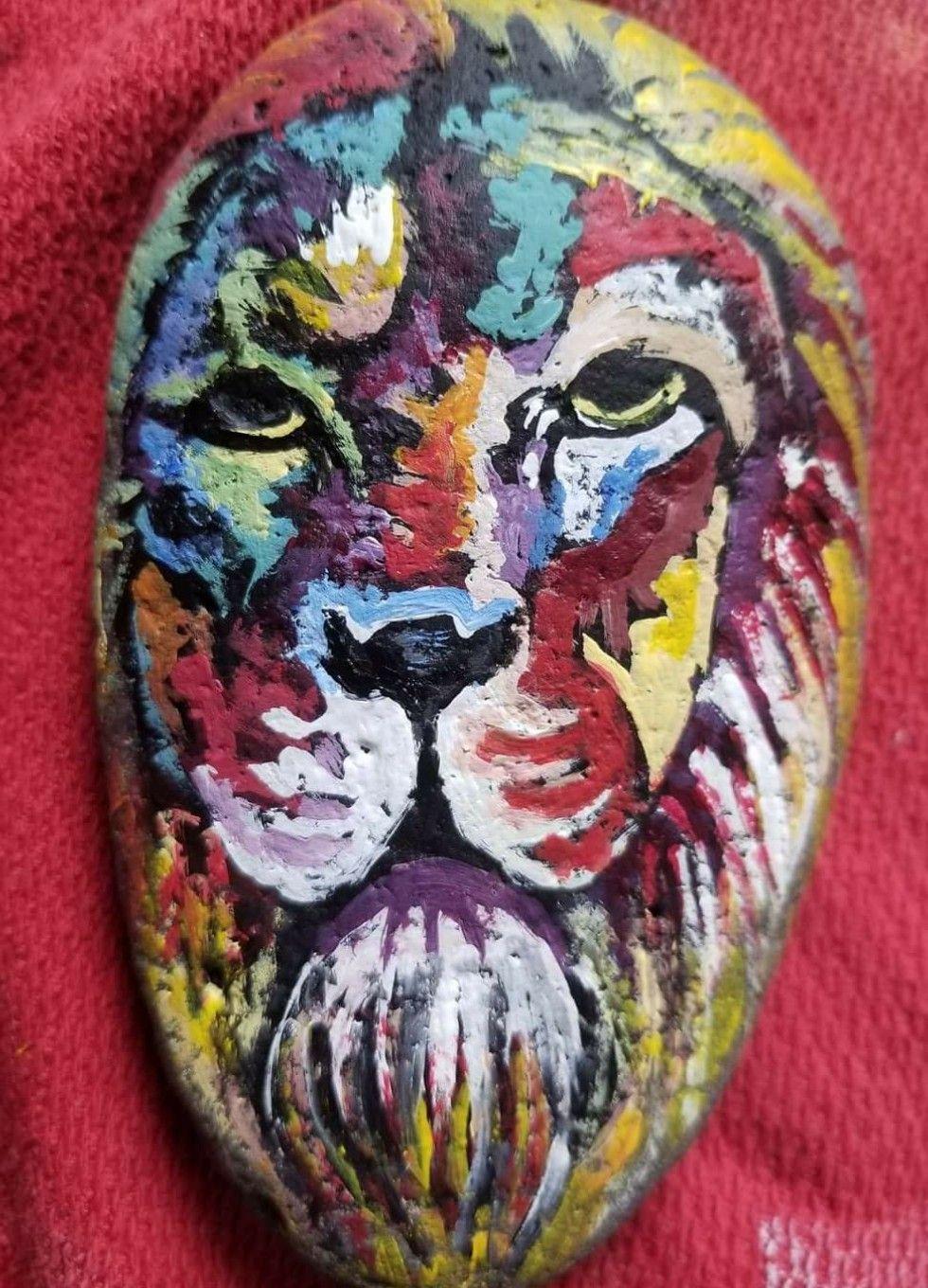 Multicolor Lion Logo - Multicolored lion painted Rock. Painted Rocks. Painted