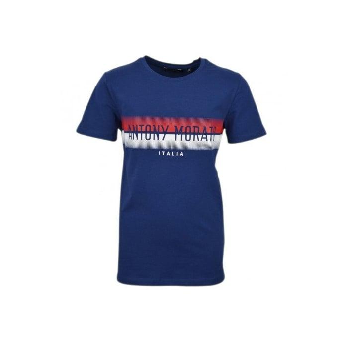 Short Red and Blue Logo - Antony Morato Boys Blue Short Sleeved T Shirt With White And Red