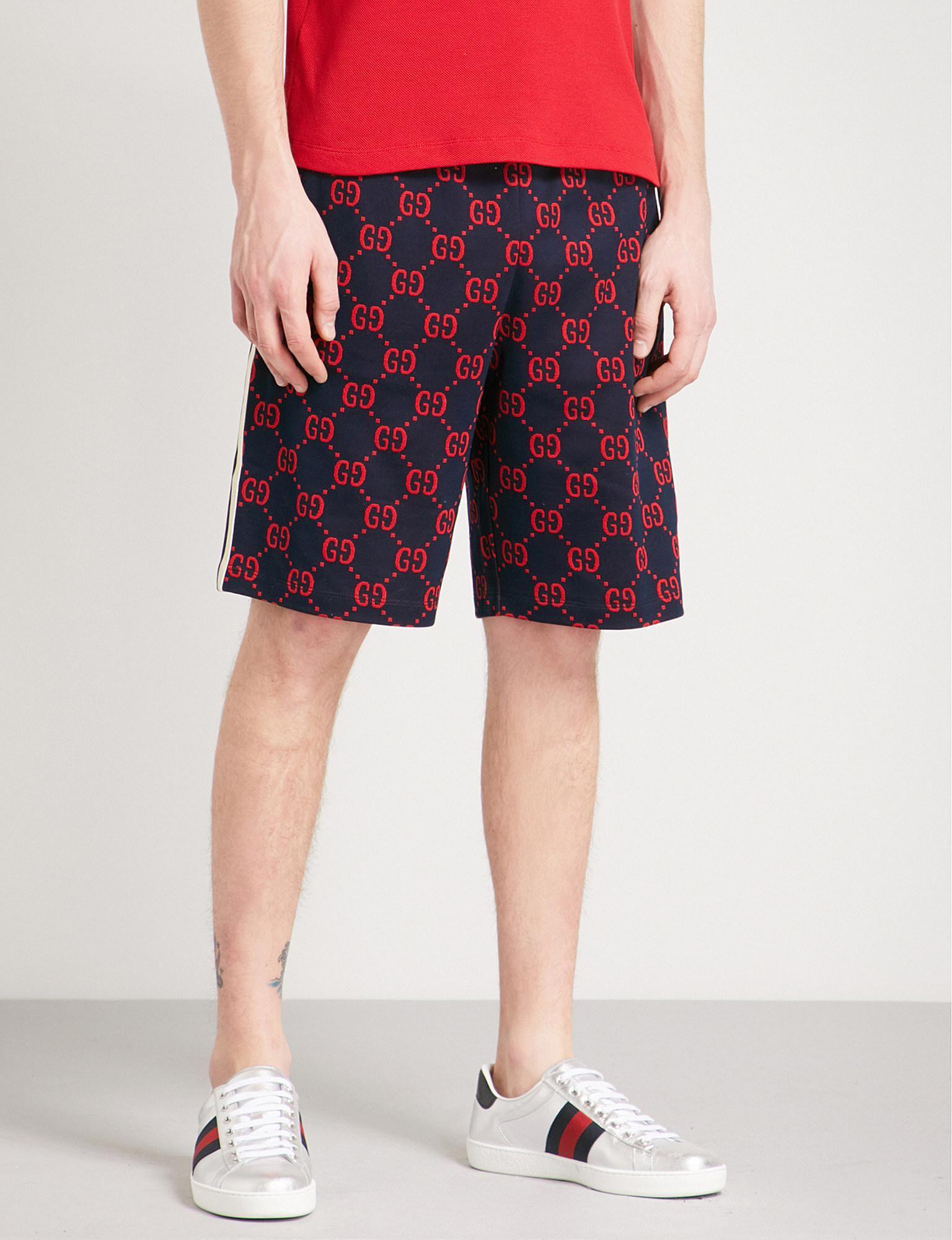 Short Red and Blue Logo - Gucci Logo Intarsia Cotton Jersey Shorts In Blue For Men