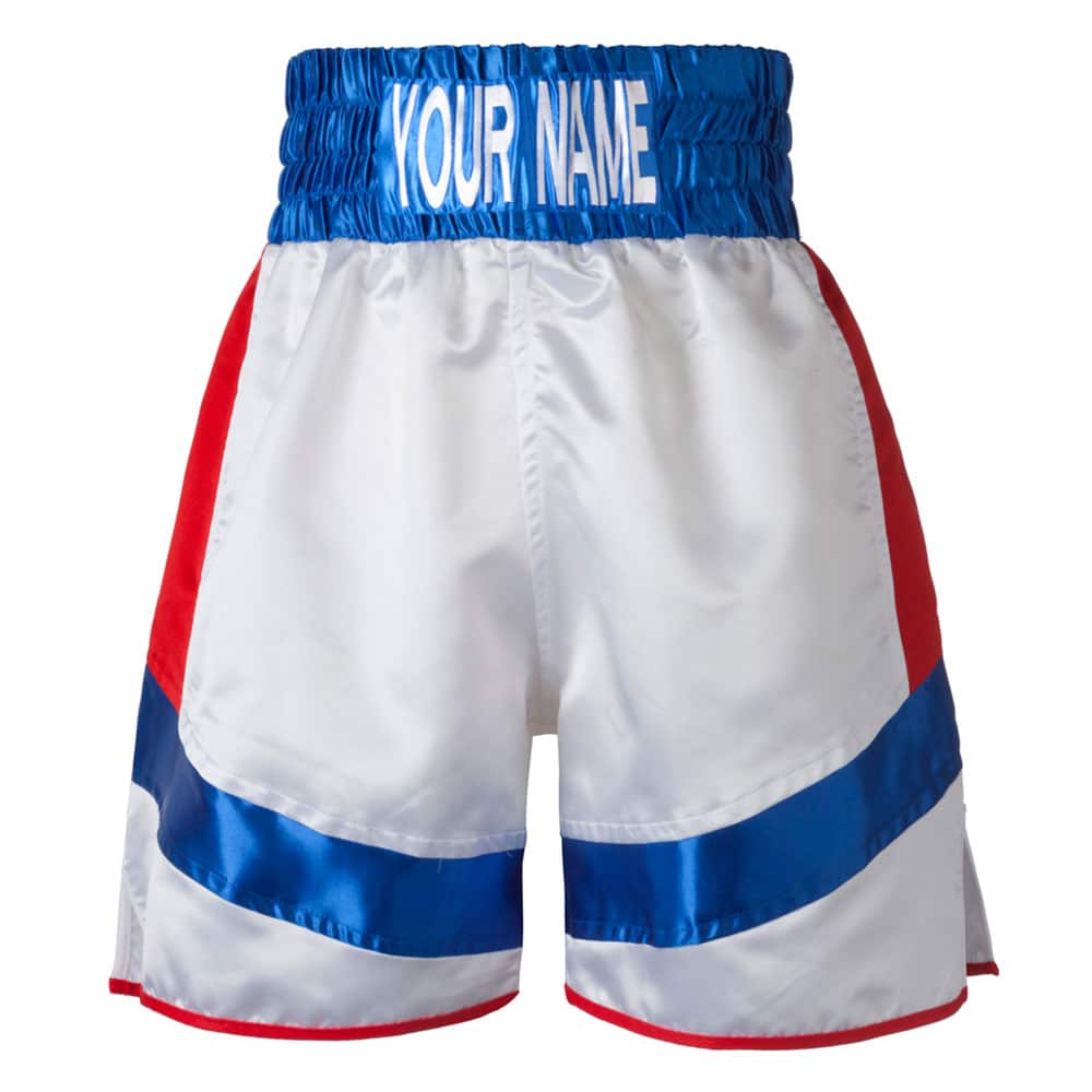 Short Red and Blue Logo - White, Blue Angled Hoops & Red Stripes Boxing Shorts