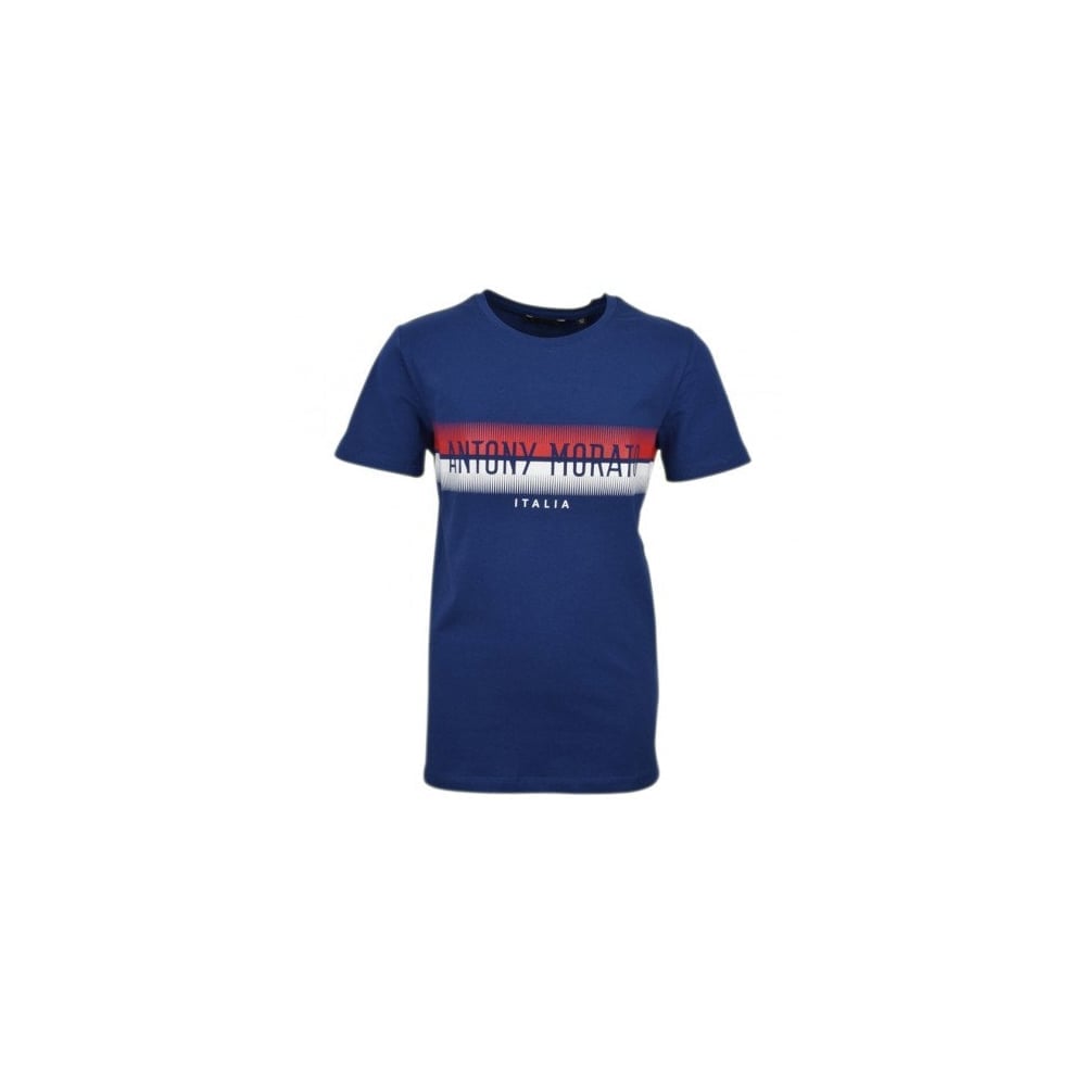 Short Red and Blue Logo - Antony Morato Boys Blue Short Sleeved T Shirt With White And Red