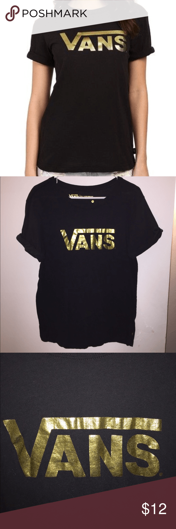 Gold Vans Logo - Vans 50th anniversary roll sleeve Tshirt Black Tshirt with gold drop