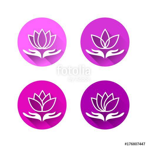 Hand Holding Flower Logo - Hand holding lotus flower. Circle icon set in flat design with long
